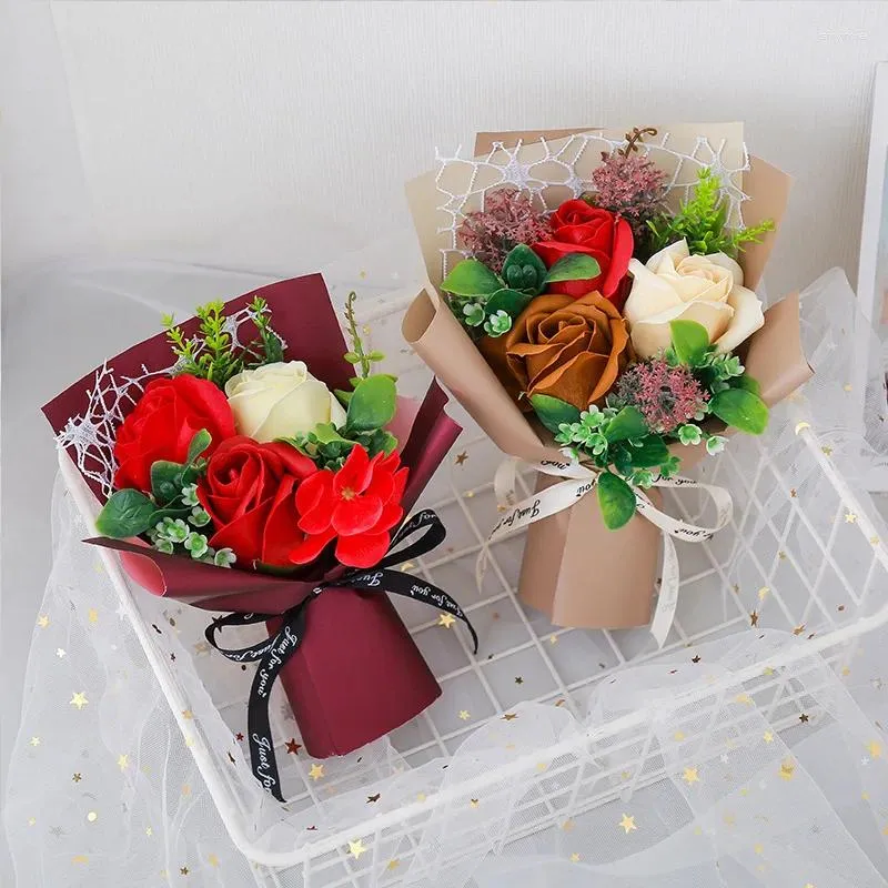 Decorative Flowers 3 Roses Soap Bath Rose Body Flower Head Valentine'S Day Romantic Wedding Decoration Gift Mothers Holiday Gifts