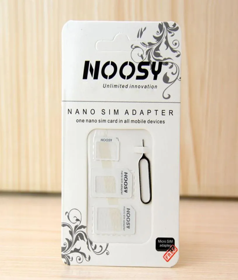 4 I 1 Noosy Nano Micro Sim Adapter Eject Pin Sim Card Retail Box för Universal Smartphone DHL 1408272