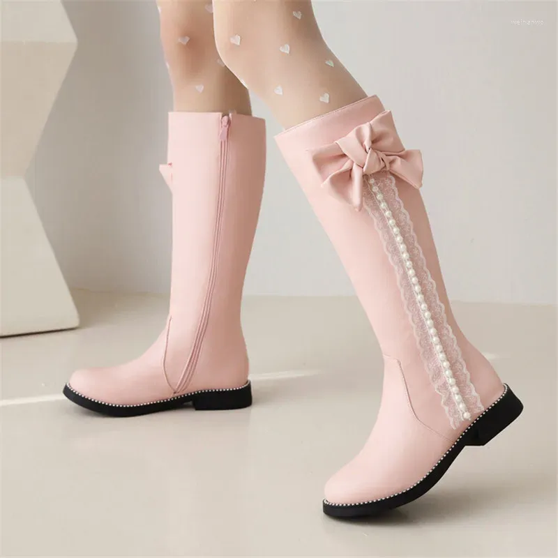 Boots PXELENA Bridal White Wedding Shoes Women Bowtie String Beads Square Low Heels Knee High Cosplay Uniform JK Plus Size43