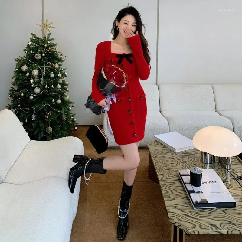 red bow sweater dress JAMERARY Red Bow Square Neck Slim Fit Knitted Sweater Dress Mid-Calf Length  for Women from Dhgate Basic & Casual Dresses