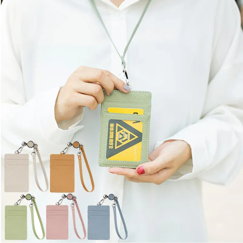 Holders Japanese Style Card Holder Cowhide Leather Women Business Bag Fotokort Holder Lanyard Halter Men äkta läder Anställdas fall