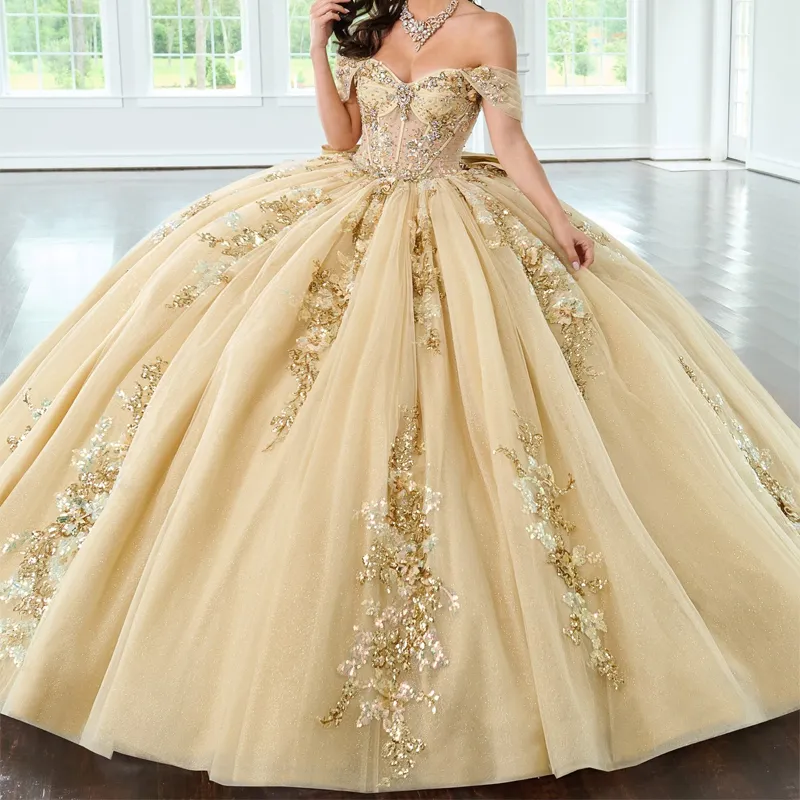 Off the Shoulder Quinceanera Dresses Champagne Lace Appliqued Beaded Ball Gowns    fg714