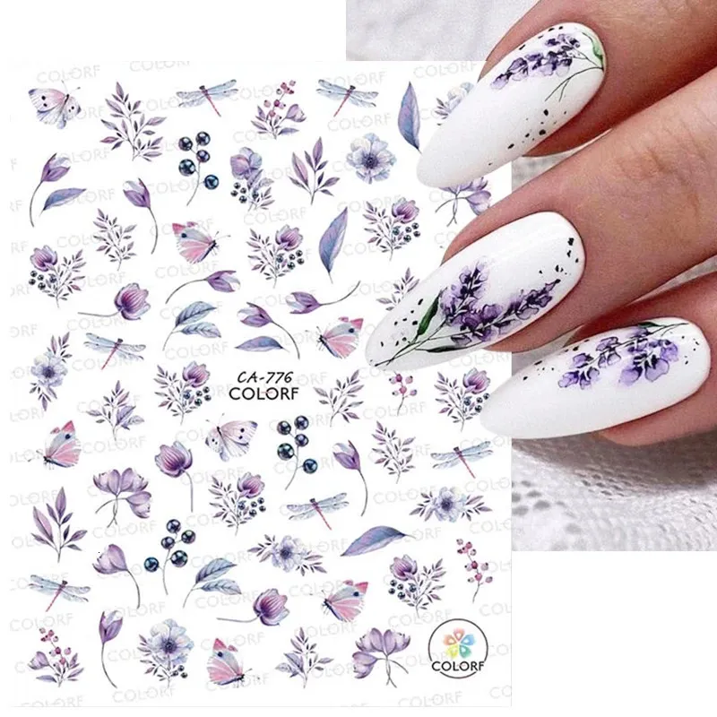 Adesivi per chiodi 3d a fiore 3d viola a foglia di ciliegia floreale arte art di arte delle decalcomanie per manicure manicure tocche decorazioni 240418