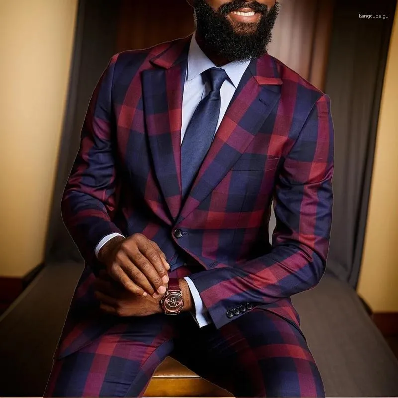 Męskie garnitury Plaid African dla mężczyzn 2024 Spełnienie Check Wedding Groom Tuxedo Lapel Custom Male Suit 2 sztuki (spodnie z kurtkami)