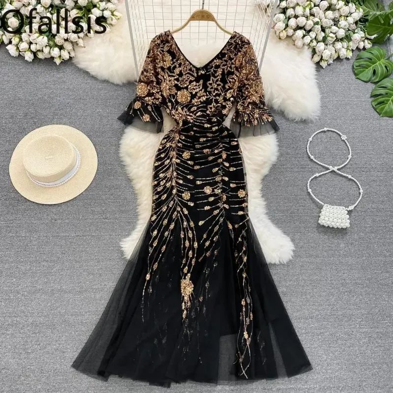 Partykleider von ALLSIS V NACK PALLE FLARE ALEEVE EINFÜHRENDE KIND 2024 Sommer Elegant Long Toast Dinner Host Baulfahrer Mesh Fishtail