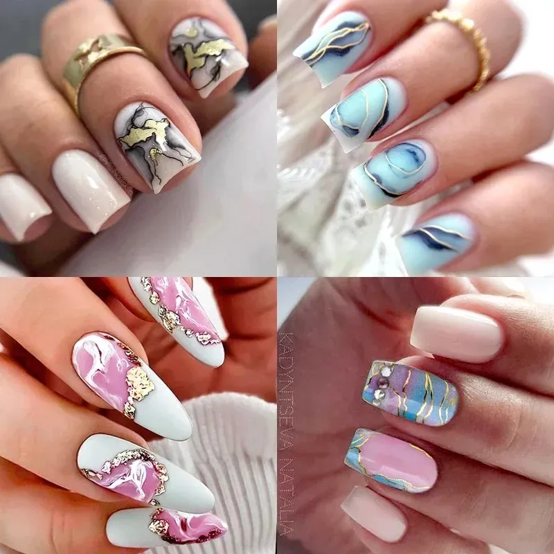 Adesivi nail art inchiostro inchiostrato in fiore di acqua in marmo foglie di fiori trasferimento cursori chiodi di carta astratte linee geometriche