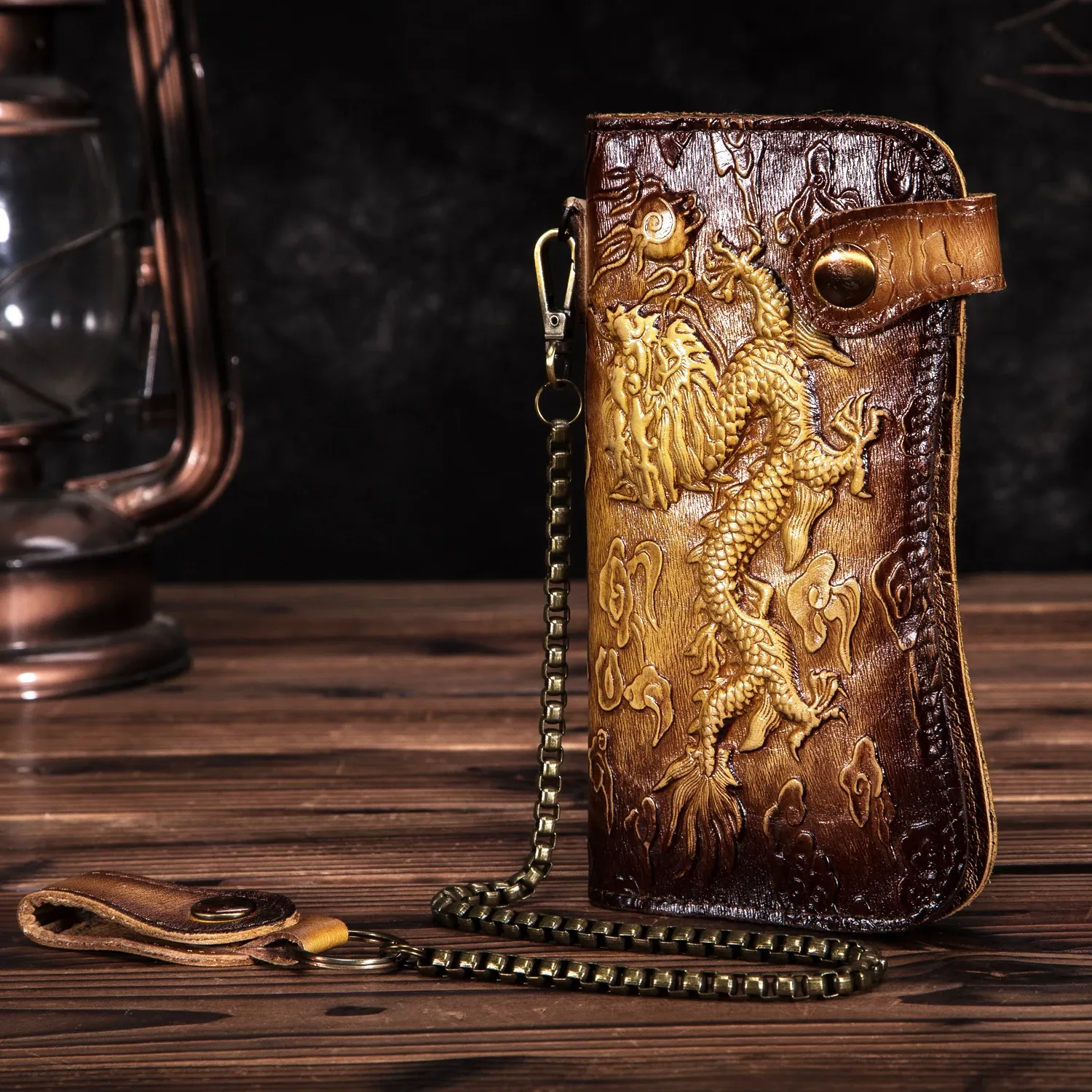 Wallets Cattle Male Genuine leather Dargon Tiger Emboss Fashion Checkbook Iron Chain Organizer Wallet Purse Design Clutch Handbag 1088