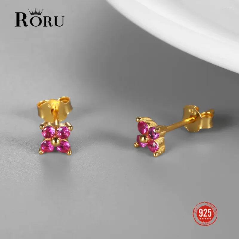 Boucles d'oreilles Sterling Silver 925 Rose Red Zircon Gold pour femmes Fine Gift Sweet Luxury Mini Ear Bijoux