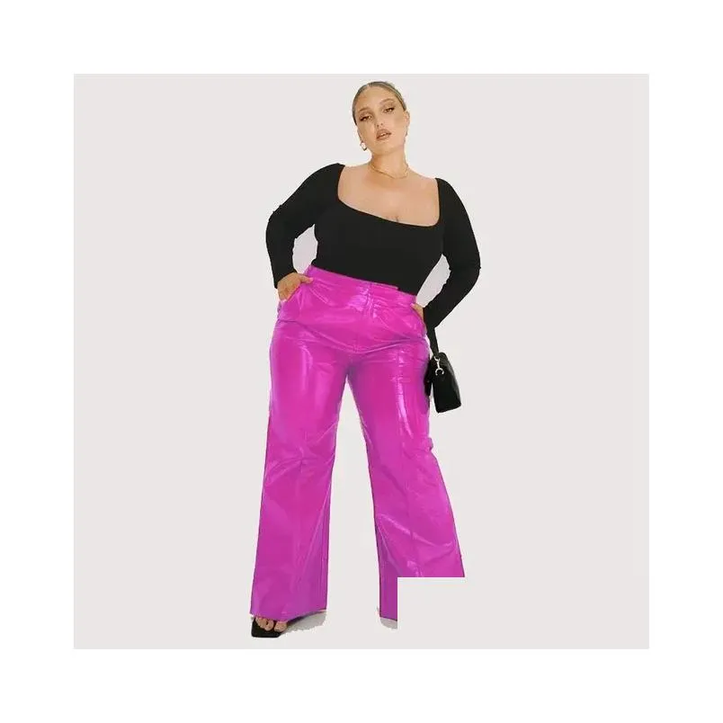 Womens Plus Size T-Shirt Women Shiny Patent Leather Trousers 7Xl High Waist Faux Latex Straight Pants 8Xl With Pocket Flare 9Xl Clubwe Dh6Lr