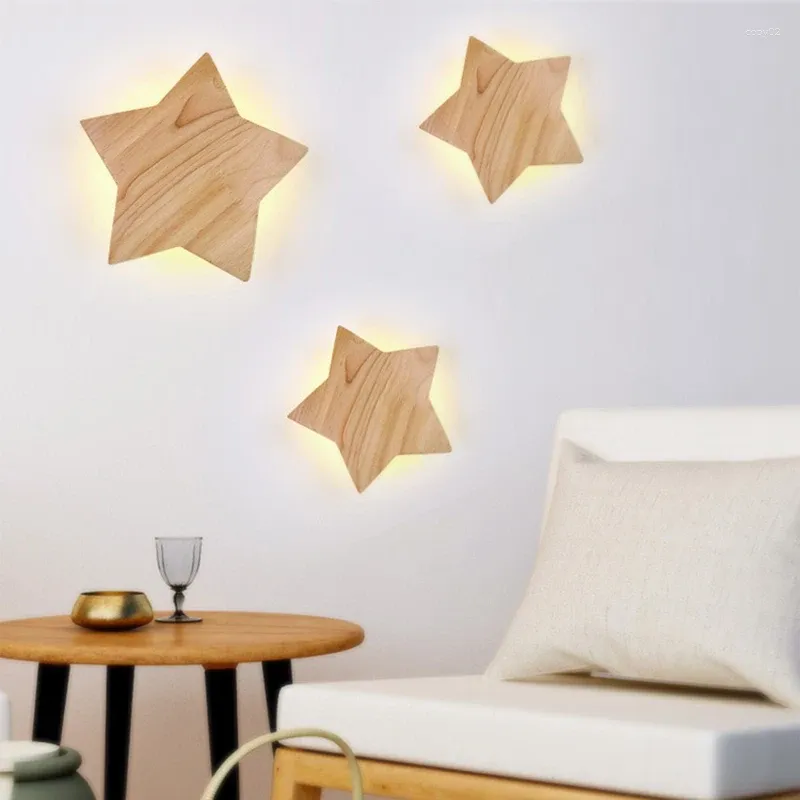 Vägglampa homhi trämrupen pentagram barn led hem dekoration läser ljus sovrum natt deco hwl-080