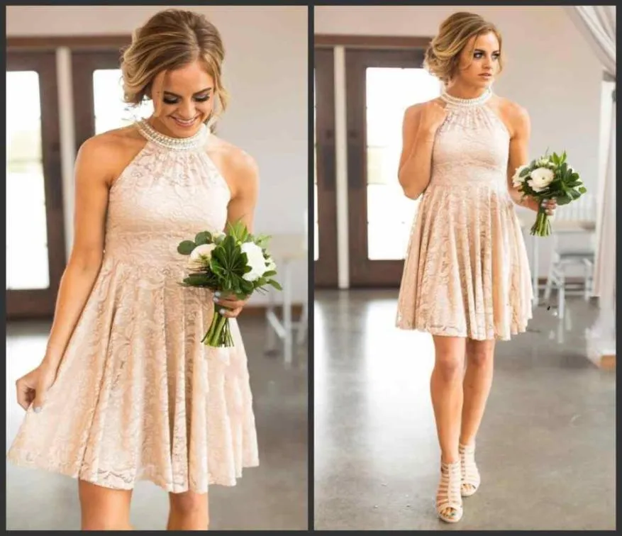 2020 Full Lace Bridesmaid Dresses Country Kne Length With Pearls Jewel Neck Zipper Back Western Maid of Honor Dresses Custom Made4380252