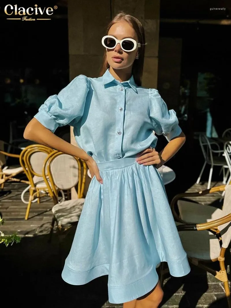 Abiti da lavoro Clacive Fashion Slione Blu Cotton 2 pezzi Set da donna Outfit Elegante camicia a maniche corte