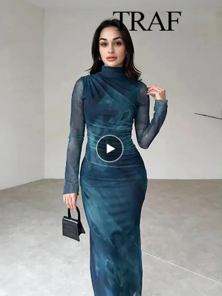 Trafo kadınlar baskılar tül bodycon ince elbise moda ipek örgü midi dres uzun kollu vintage zarif elbiseler 240409