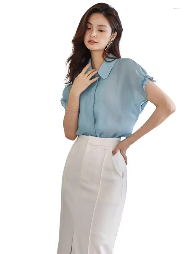 Kvinnors blusar Summer Ice Silk Solid Casual Löst passande skjorta för kvinnor 2024 Elegant Office Top Rayon1 Ruffled Plus Size Chemise
