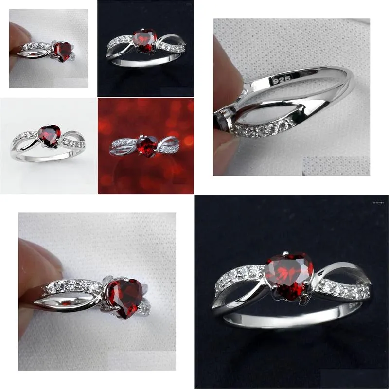 Cluster Rings Womens Heart Shape Simated Red Garnet 925 Sterling Sier Ring Crystals Decorated Jewelry Gift R623 Drop Delivery Dhxu1