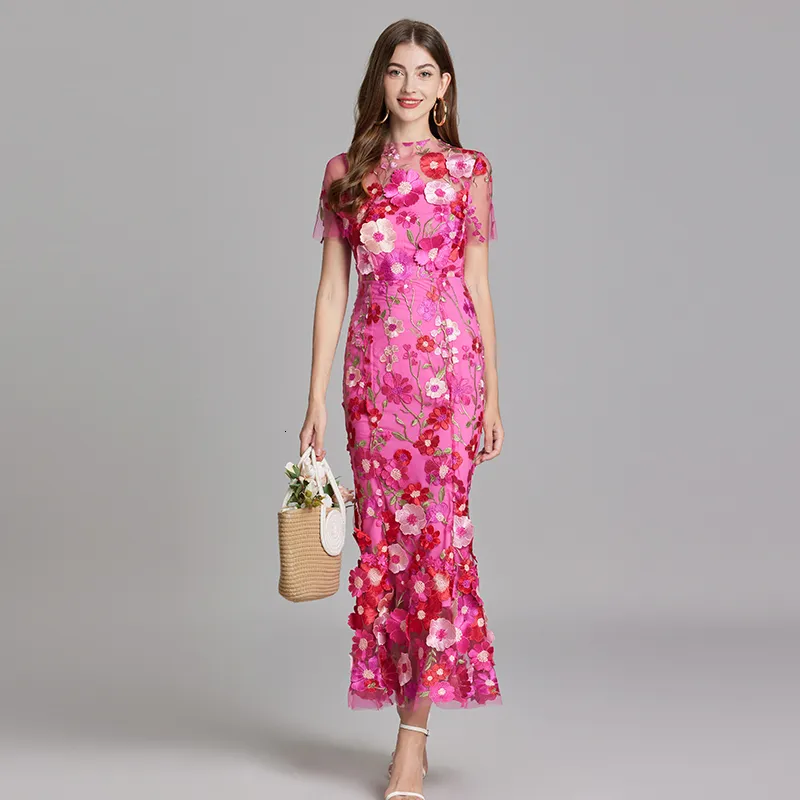 French 3D Fishtail Embroidered Lace Pink Floral Prom Dress for Women - Perfect for Summer Parties and Holidays
