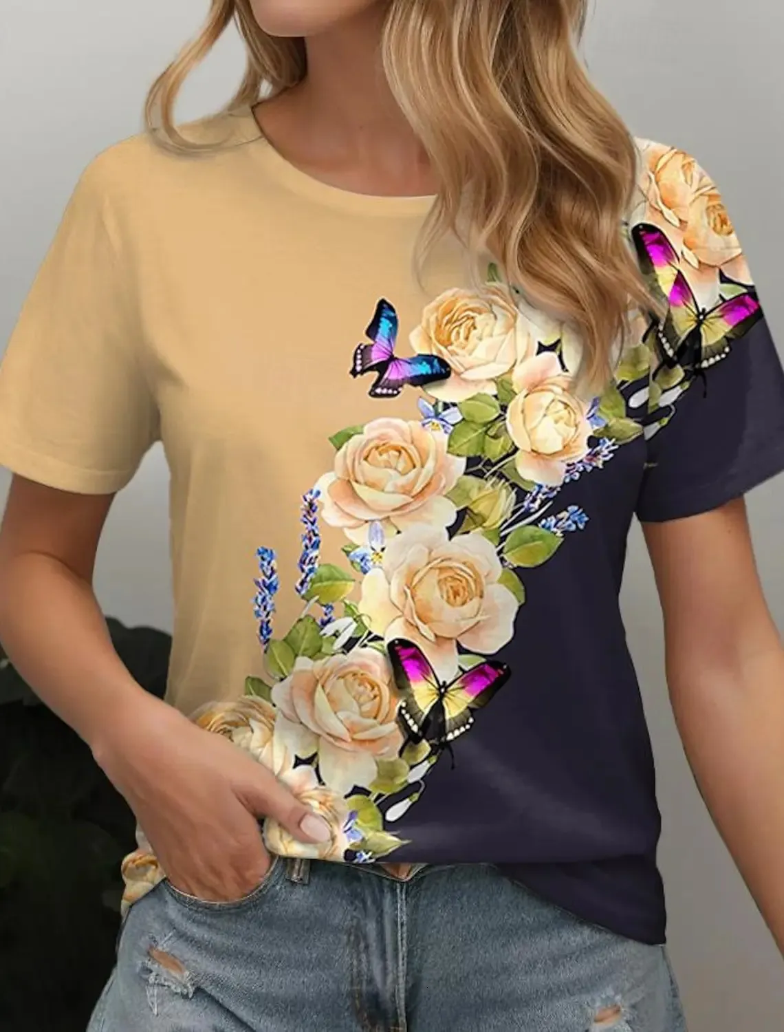 2024 Été Womens T-shirt Tee Floral Casual Holiday 3D Impressions quotidiennes à manches courtes Tops Fashion Round T-shirts pour femmes 240411