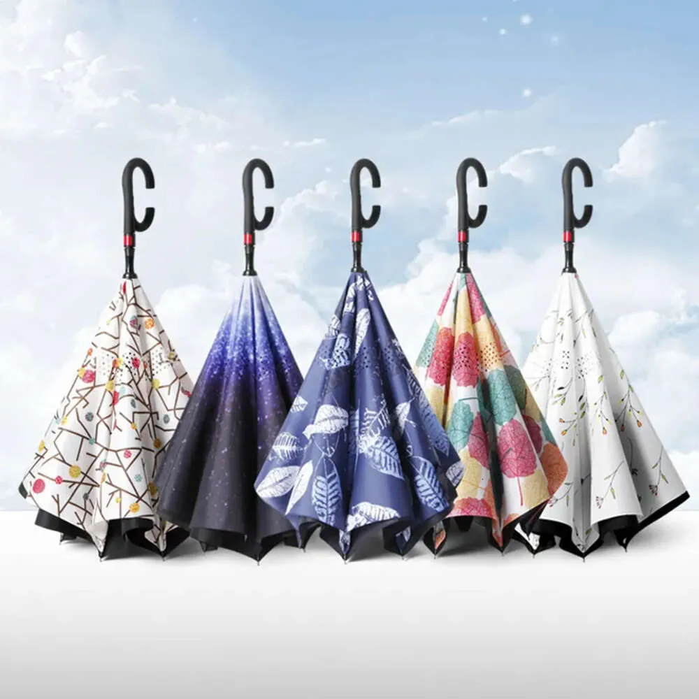 Inverted Layer Semi-Automatic C Double With Handle Reverse Umbrellas Windproof Sunny Rainy Umbrella Portable Rain Gear Th0101