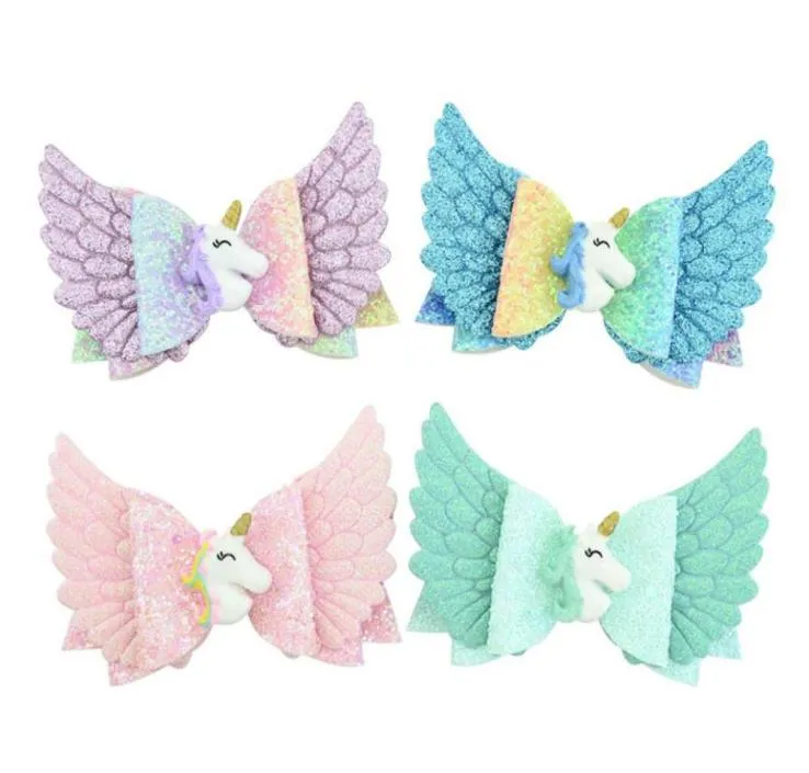 Ins Baby Girl Wings Glitter jednorożca Bowknot HairPin Dzieci Księżniczka Kreskówka Rainbow Barrettes DIY Fryzurka