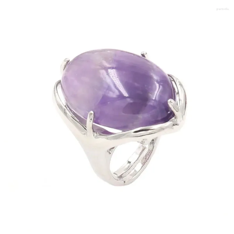 With Side Stones YJXP Silver Plated Oval Shape Adjustable Finger Natural Purple Amethysts Wedding Ring Charm Jewelry