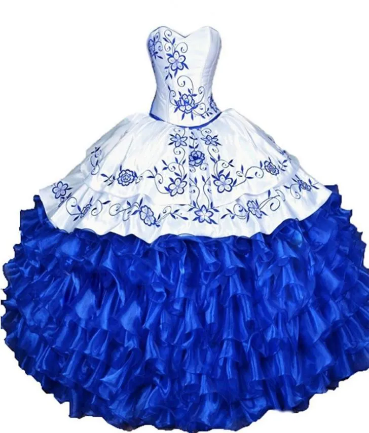 Vit blå broderi bollklänning quinceanera klänningar med snörning organza plus size sweet 16 klänning vestido debutante klänningar bq455661708