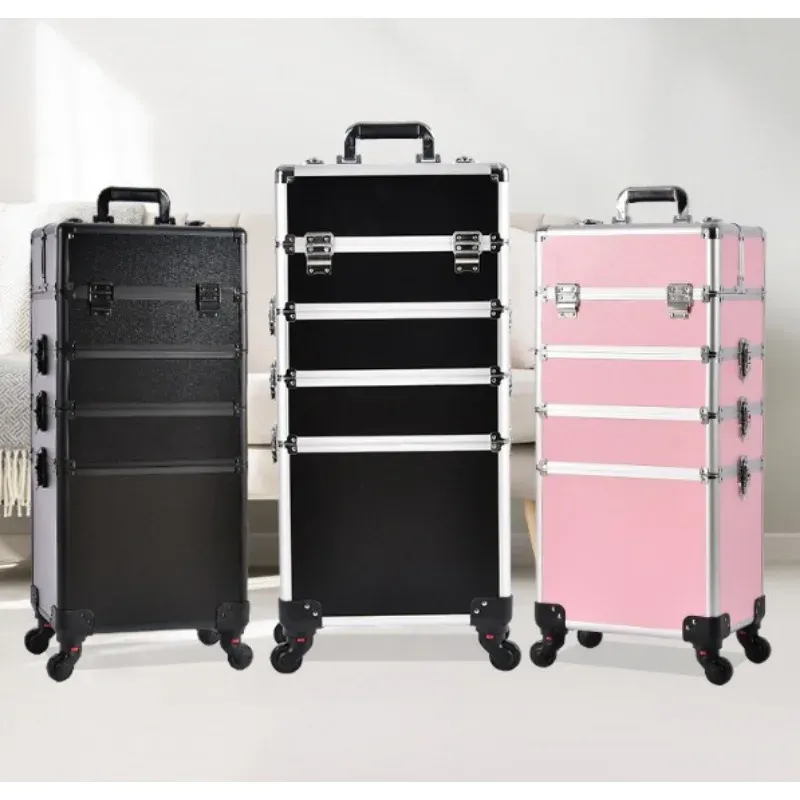 Bagage New Women Trolley Cosmetic Påsar på hjulet, naglar Makeup Toolbox, Löstagbar fällbar skönhet Resväska Travel Vs Vs Rolling Bagage