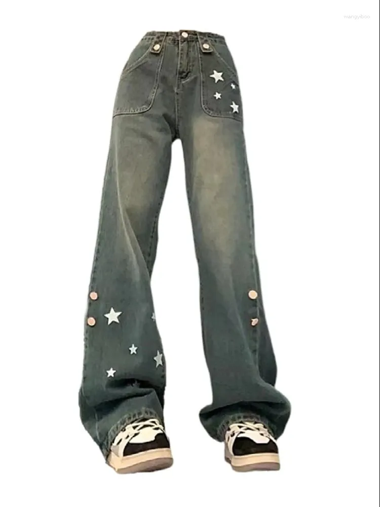 Women's Jeans Women Blue Star Harajuku 90s Aesthetic Japanese 2000s Style Baggy Punk Denim Trousers Y2k Jean Pants Vintage Clothes