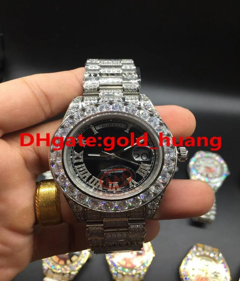 Роскошные 43 -мм Big Diamonds Mechanical Man Watch Multi Clial All Diamond Band Автоматическая нержавеющая сталь MEN039 часов BLAC4734629