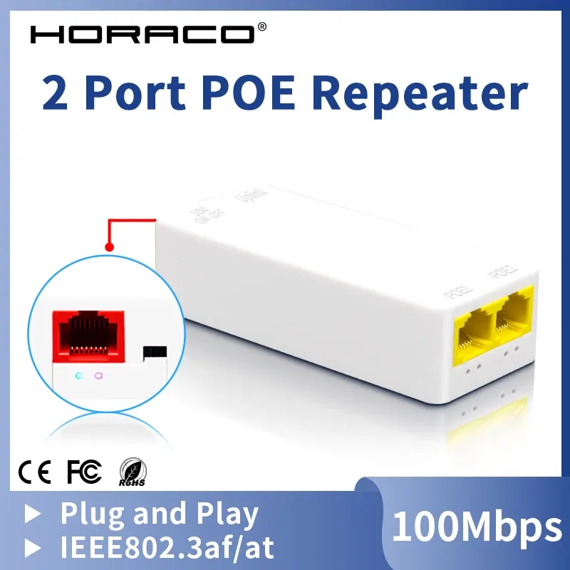 Chargers HORACO 2 Port POE Repeater 10/100Mbps 1 to 2 PoE Extender with IEEE802.3af/at Plug&Play 48V for PoE Switch NVR IP Camera AP