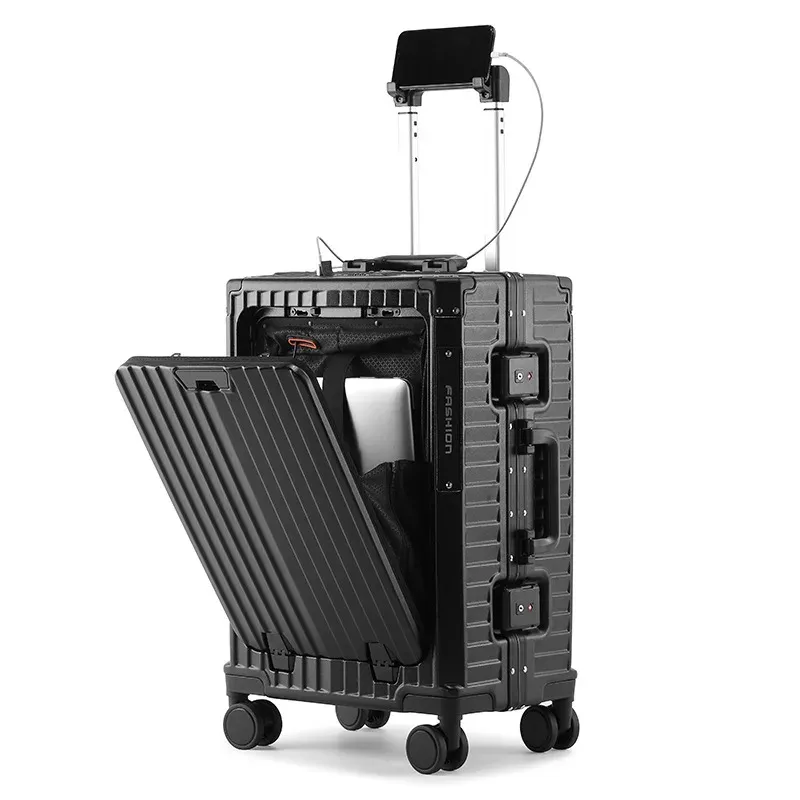 Carry-Ons Business Travel Suitcase On Wheels Trolley Case Front Opening Computer Bag Password Box With Mobile Phone Holder Rolling Luggage