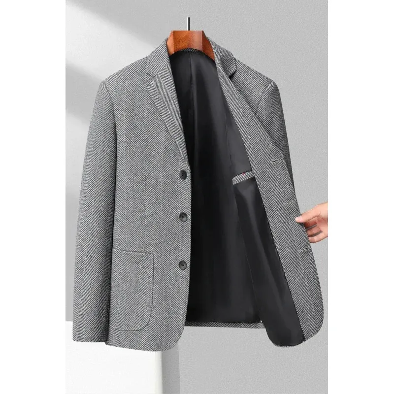 Business Fashion Mens Gentleman Gentleman Wool Trend Slim Hong Kong Style British Casual Wedding Blazer 240407