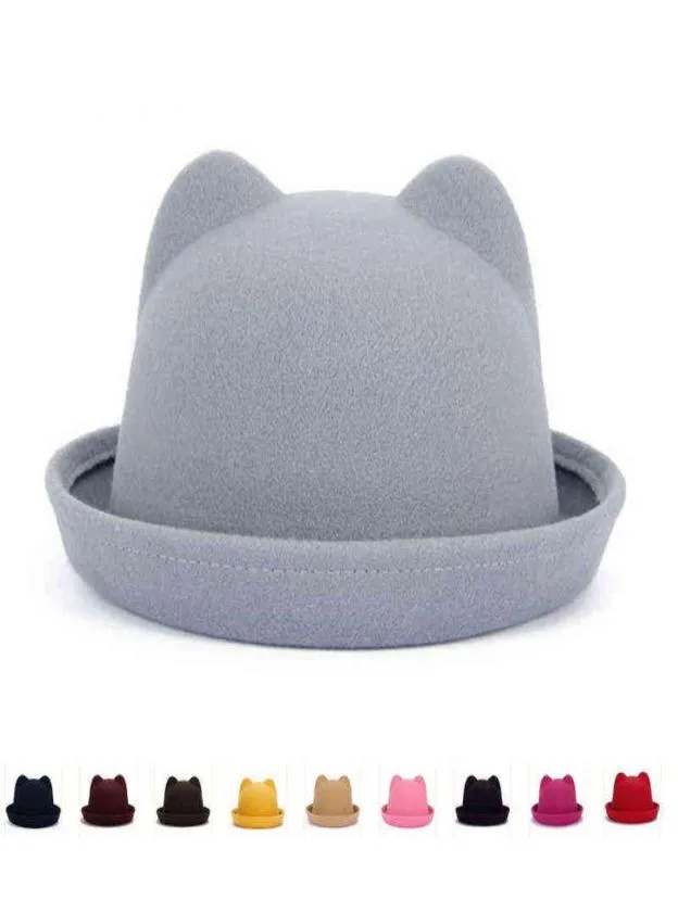 Fashion ParentChild Bowler Hut Wolle Filz Fedora Hüte für Frauen Mädchen Kinder solide Katze Ohr formelle Kappe Trilby Sombrero Derby Y1114056984