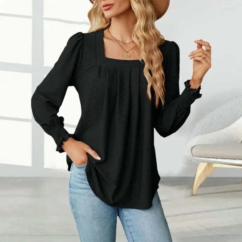 Women's Blouses Women T-shirt Spring Autumn Elegant Square Neck Tops Solid Color Jacquard Collar Blouse Puff Long Sleeve Pullover