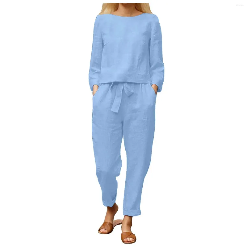 Women's Two Piece Pants 2024 Spring Summer Women Cotton Linen Outfits Female 2pcs Clothing Sets Long Sleeve Blouse And Loose Wide Leg