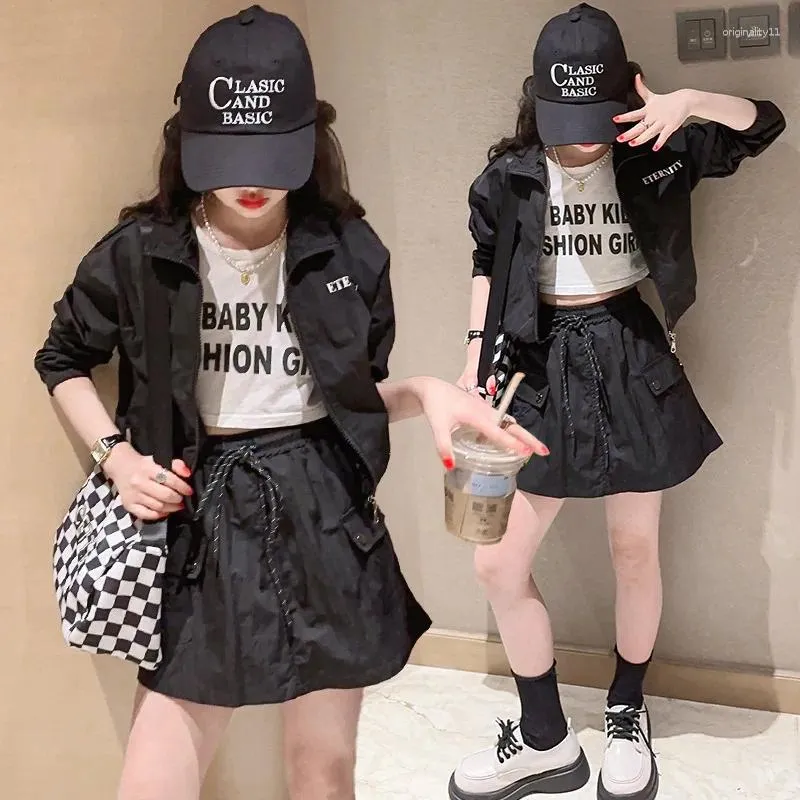 Clothing Sets Korean Summer School Girl Sunscreen 2-Piece Junior Zipper Sweat Jacket Drawstring Skirt Kid Set