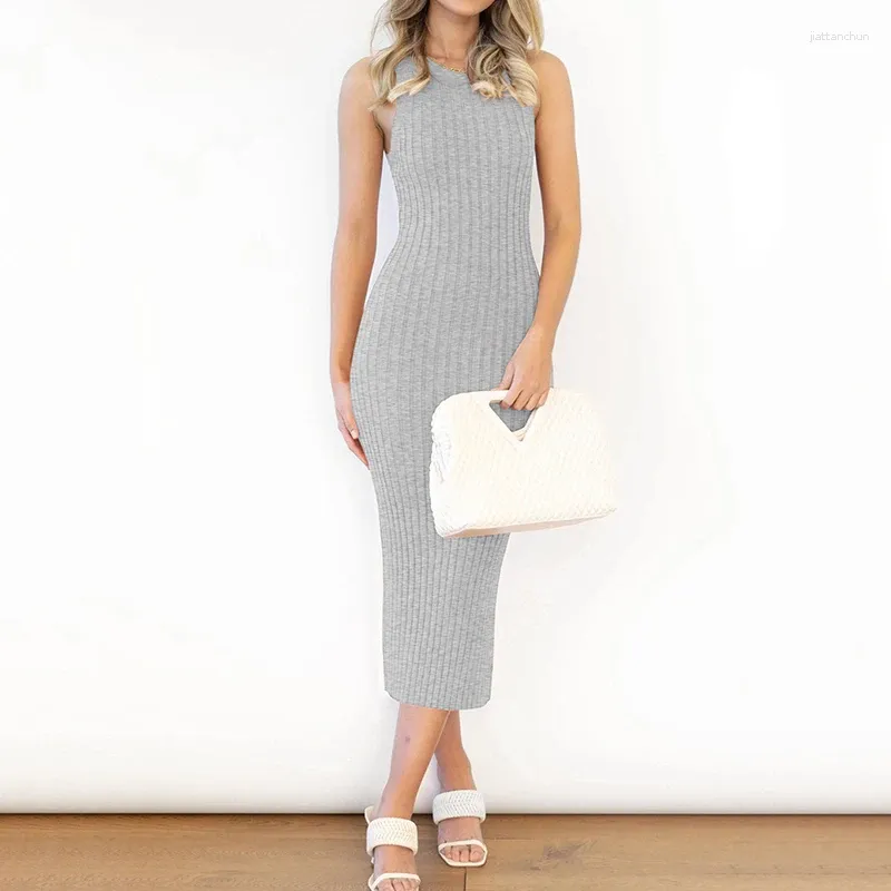 Casual Dresses Knitted Tank Summer Dress Women 2024 Gray Sleeveless Round Neck Long Female Bud Bodycon Vestidos Feminino XL