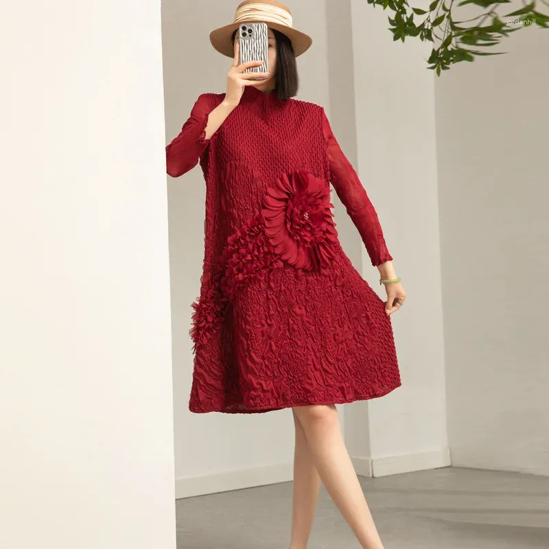 Casual Dresses Miyake Original Dress Winter Senior Sense Female Large Size Heavy Disk Flower Embroidery Small People Half High Neck Skirt