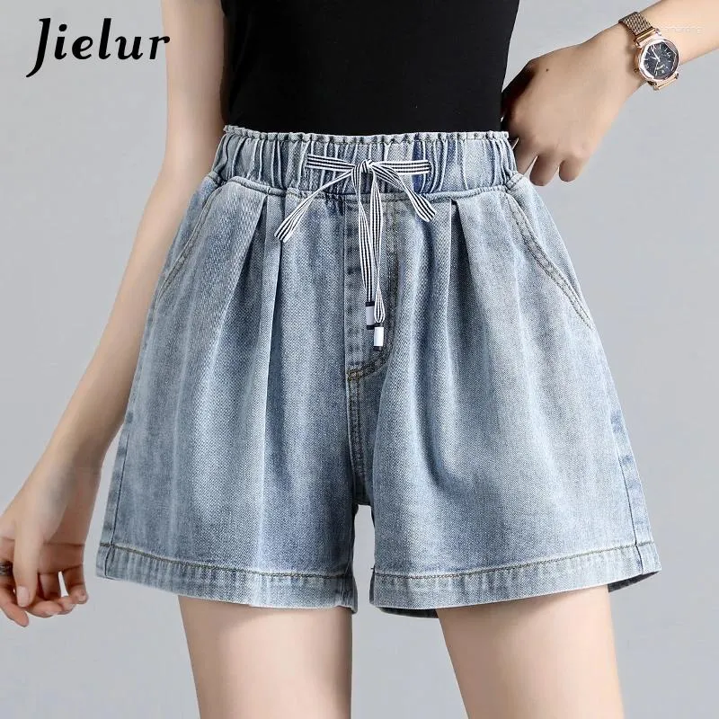 Kvinnors jeans sommar elastiska midja denim shorts kvinnor hög a-line manschett tvättade kvinnor koreanska mode blå kvinna s-5xl