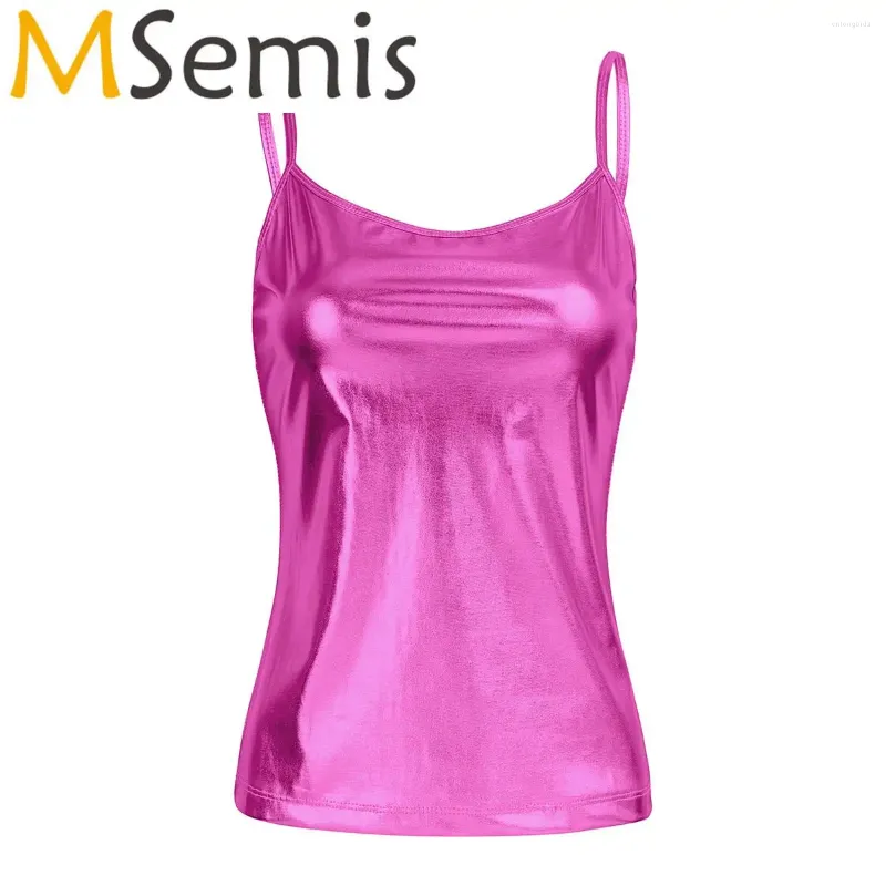 Damestanks vrouwen glanzend patent leervest camis top spaghetti schouderbanden mouwloze metallic yoga dance hiphop kostuum