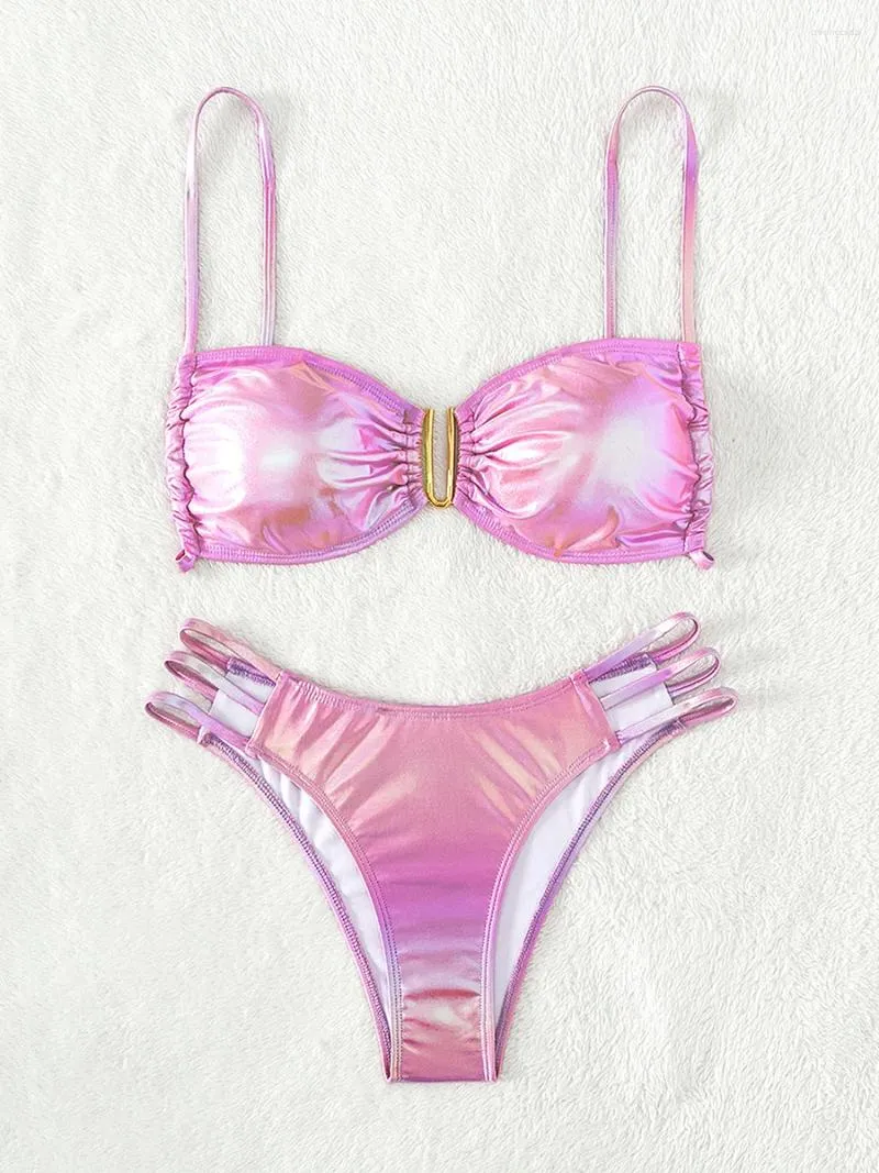 Kvinnors badkläder Micro Bikini 2024 Women Swimsuit Pink Ring Linked Bandeau Set Push Up Biquini Female Swim Suits