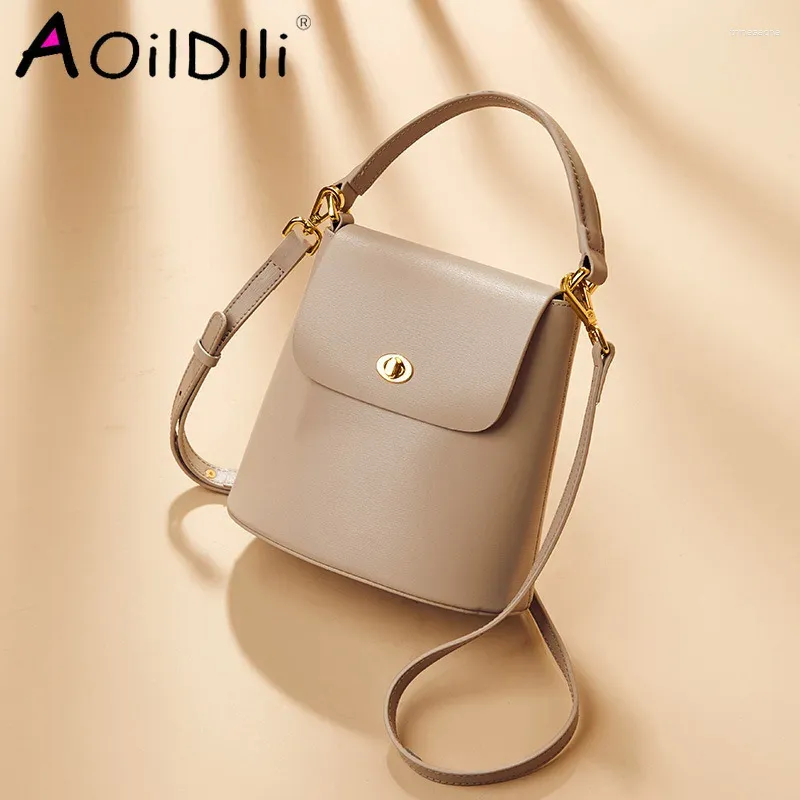 Drawstring AOILDLLI Mini Women Genuine Leather Crossbody Bags Bucket Design Female Shoulder Korean Style Girls Handbags Summer 2024