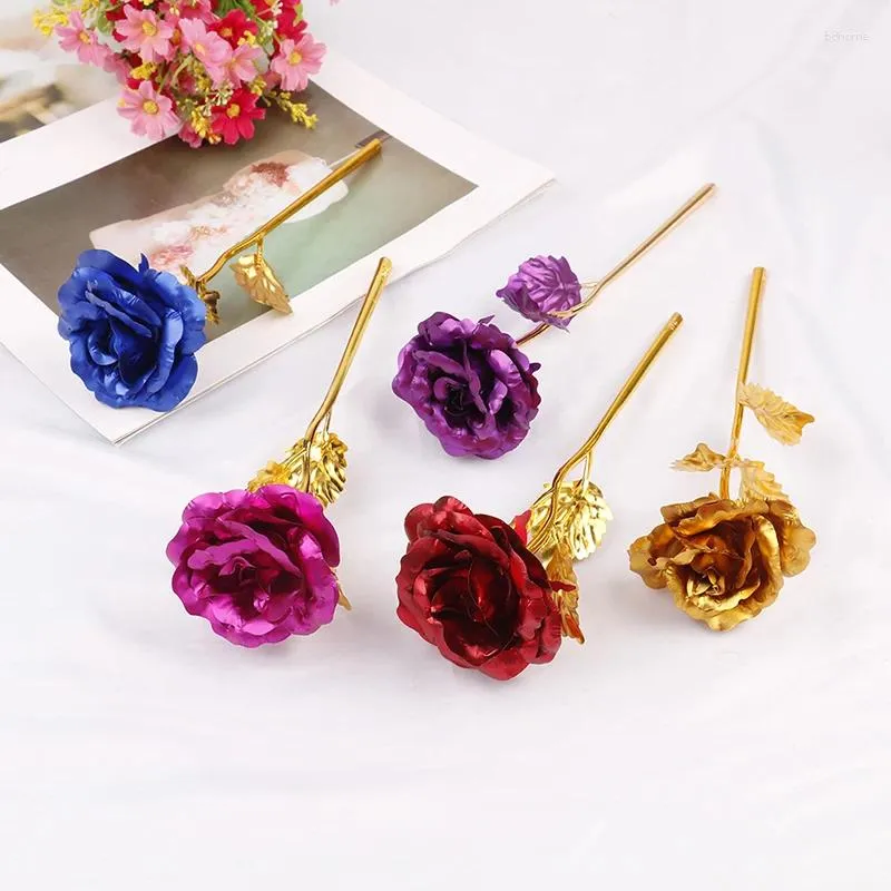 Decorative Flowers 24K Foil Plated Rose Gold Wedding Decoration Flower Valentine's Day Gift Lover's Artificial Gold/Purple/Red/Blue/Rose