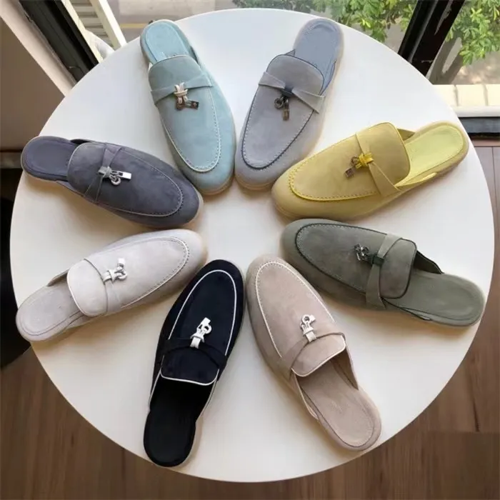 LP Summer Walk Suede Loafers Women Luxury Designer Moccasin Metal Lock Loafers Gold Silver Charms Metal Lock Mules Leather Flats Soft designer sandals slipper slide