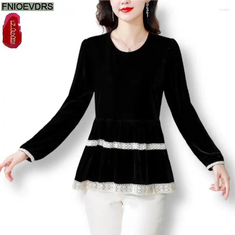 Kvinnors blusar M-5XL 2024 Spring Peplum Velvet Tops Women Basic Wear Office Lady Retro Vintage French Design White Lace Ruffles Shirts