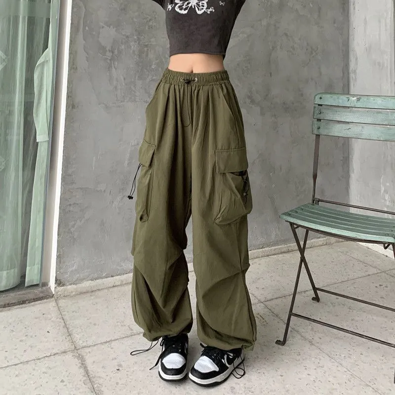 Y2K lastbyxor Zoki Hip Hop Women Streetwear Cargo Pants Lose Polyester Patchwork Full Längd Hög elastisk midja lättviktficka Casual Daily Outfit Summer