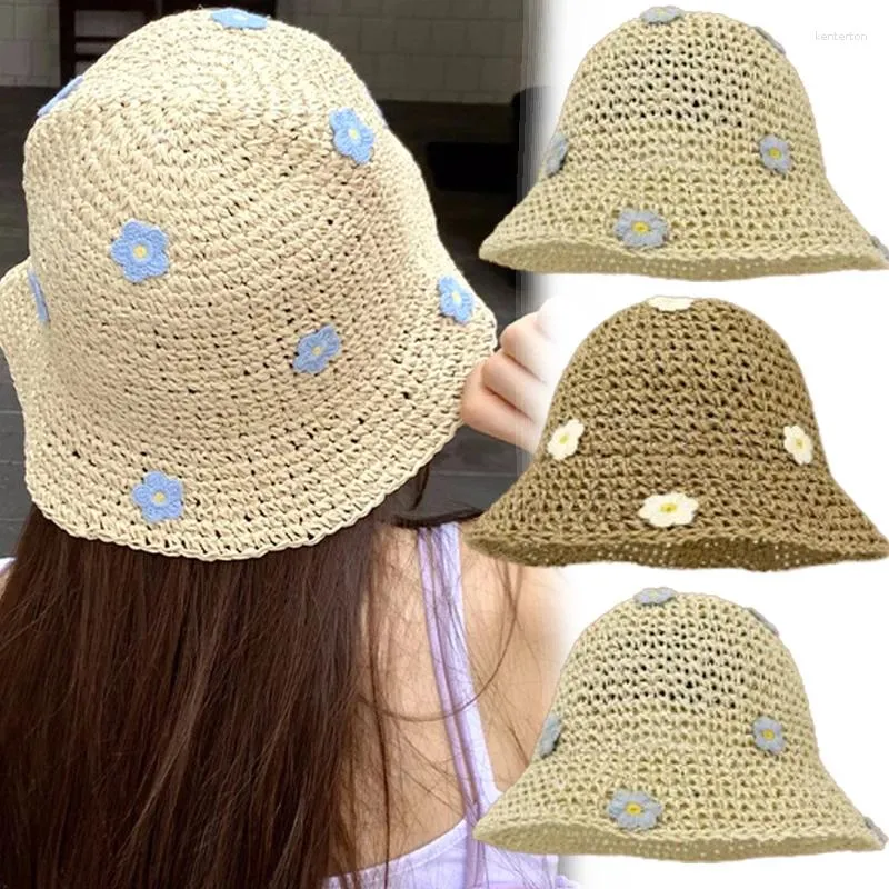 Berets Summer Sun Hat Women Straw Crochet Bucket Foldable Panama Cap UV Caps Boho Flower Fishing Vacation Beach Hats