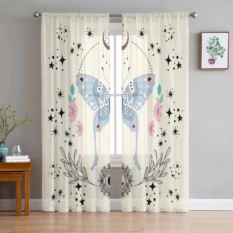 Curtain Bohemian Moon Stars Butterfly Sheer Tulle Curtains For Living Room Valance Kitchen Bedroom Window Voile Drapery