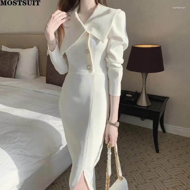 Casual Dresses 2024 Korean Elegant Chiffon Dress for Women Office Ladies Simple Pencil Bodycon Långärmad stilig chic vestidos