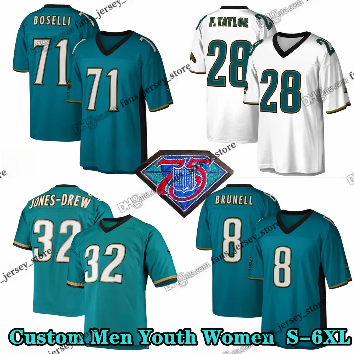 Custom S-6XL 75th Throwback 28 Fred Taylor Football Jerseys 71 Tony Boselli 1997 87 Keenan McCardell 32 Maurice Jones-Drew 8 Mark Brunell Stitched Jersey Youth Women