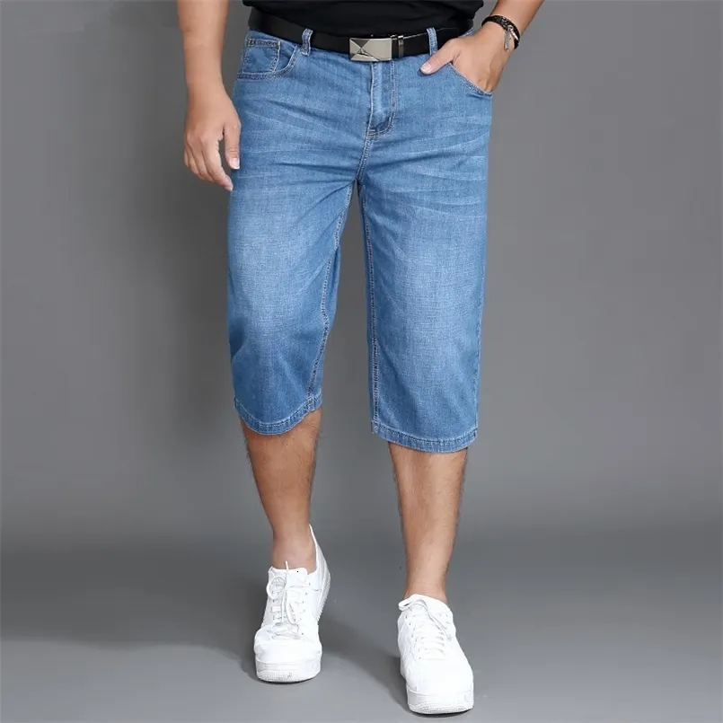 Summer Jeans Shorts Mens Denim Elastic Stretched Thin Short Jean Oversized Plus Light Blue 42 44 48 Male Calf Length Trousers 240403